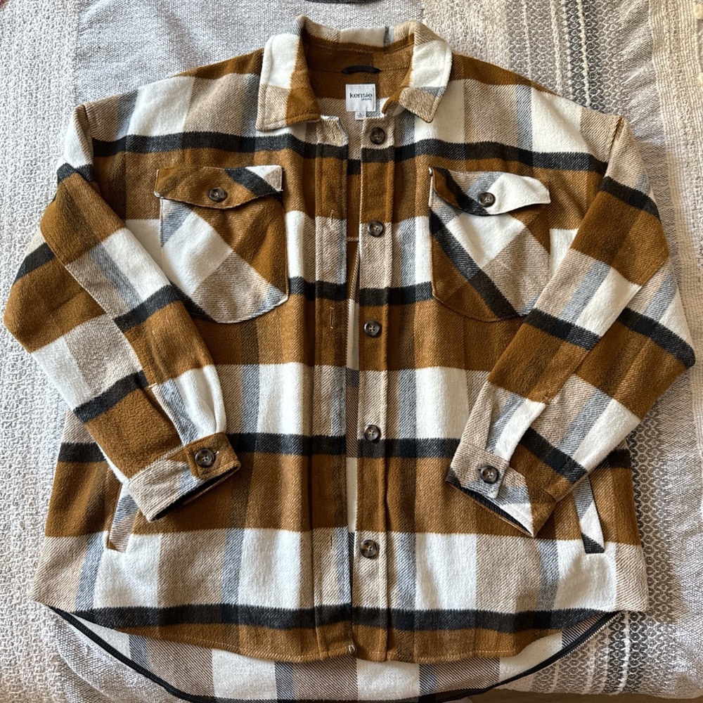 Kensie Tan and White Plaid Shirt